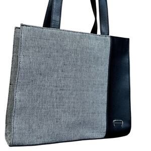 Etienne Aigner Vintage Black Leather Gray Bleecker Tweed Bucket Tote Bag Purse